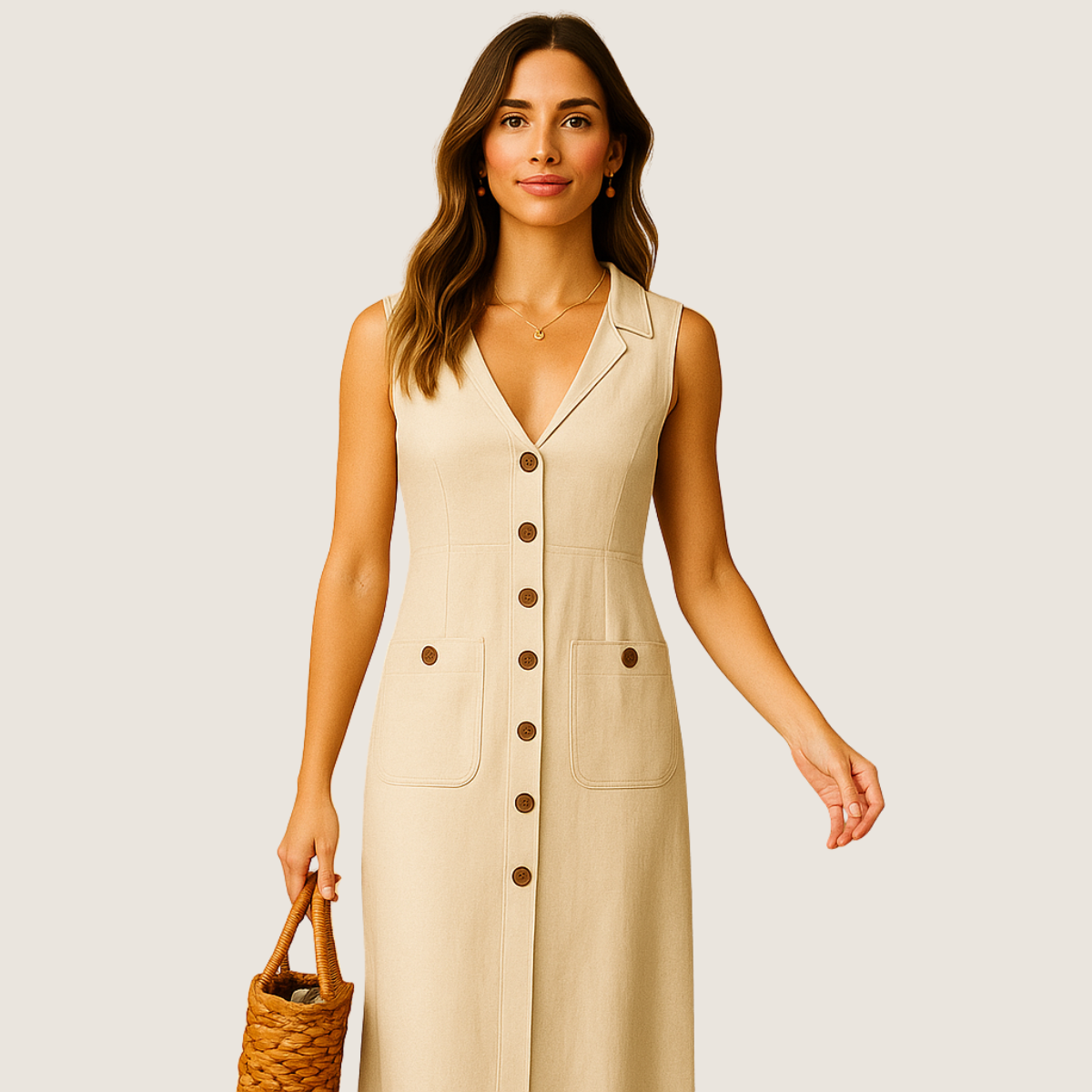 Jetta Robe Midi en Lin – Col V Élégant avec Boutons et Poches