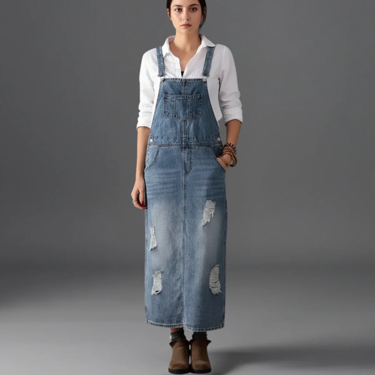 Jetta Robe chasuble en denim délavé avec fente arrière