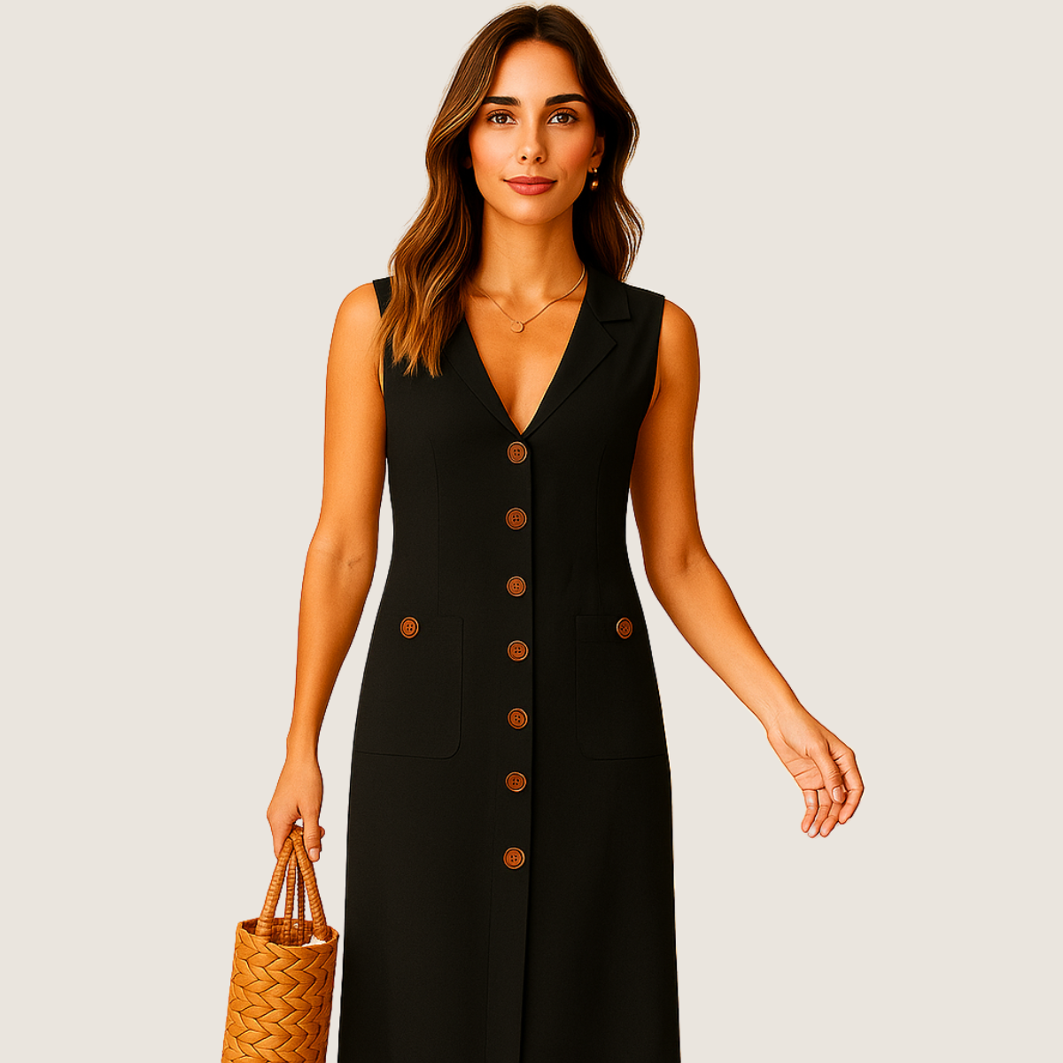 Jetta Robe Midi en Lin – Col V Élégant avec Boutons et Poches