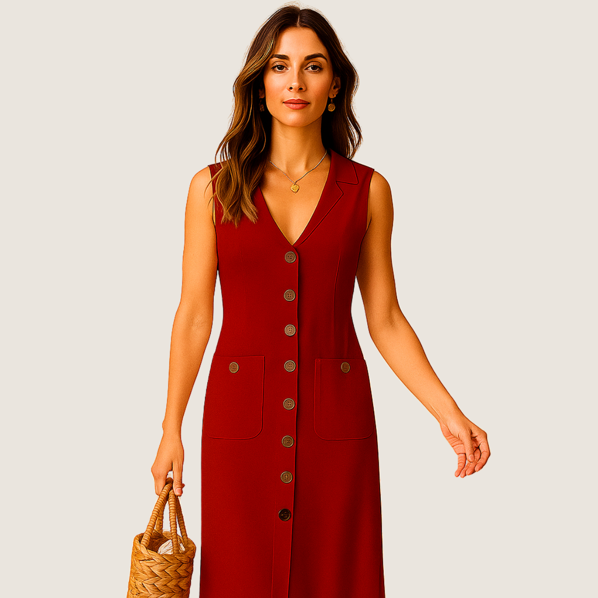 Jetta Robe Midi en Lin – Col V Élégant avec Boutons et Poches