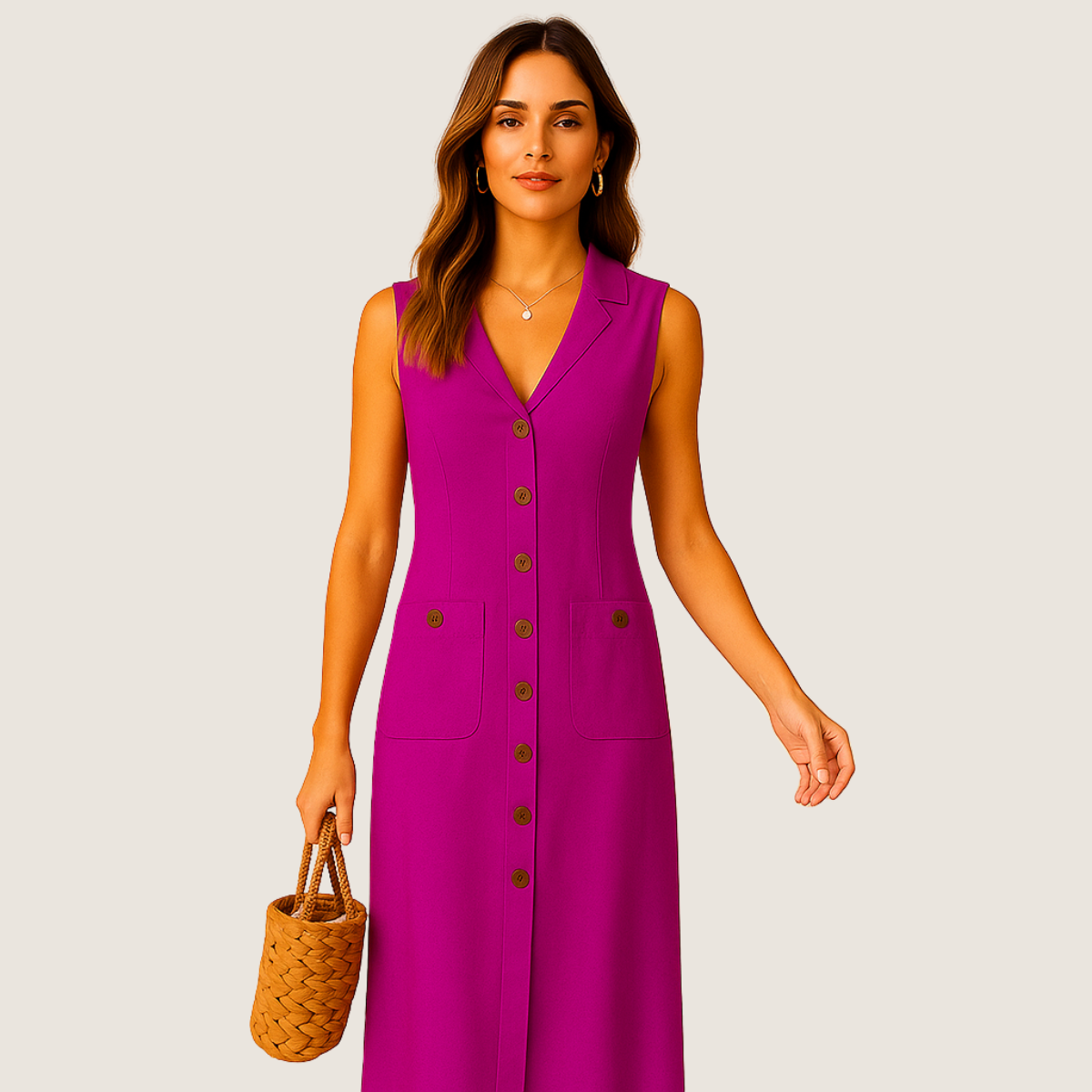 Jetta Robe Midi en Lin – Col V Élégant avec Boutons et Poches